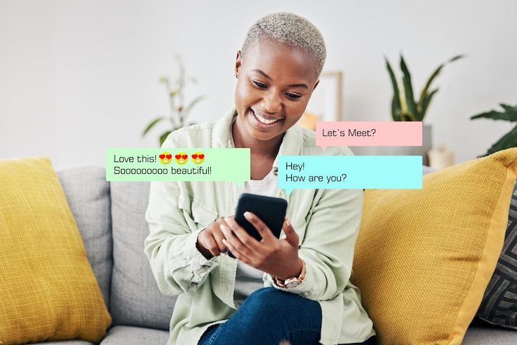 Photo phone message icon or black woman online dating for communication chat texting or social media smile heart emojis overlay or happy african lady typing on app or website or digital network at home