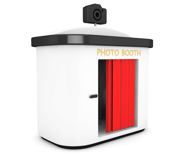 Photo Booth con tenda rossa su sfondo bianco