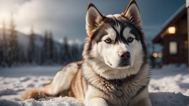 photo cane di razza siberian husky nella stagione invernale