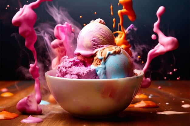 photo delizioso gelato colorato in una ciotola un explosio