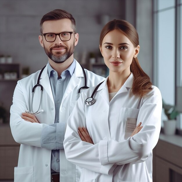 photo dottoressa medico in uniforme medica con stetoscopio braccia incrociate sul petto sorridente