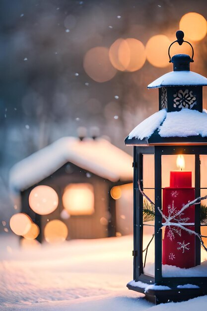 photo Lanterna di Natale con ramo di abete e decorazioni su sfondo sfocato tavolo innevato