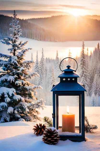 photo Lanterna di Natale con ramo di abete e decorazioni su sfondo sfocato tavolo innevato