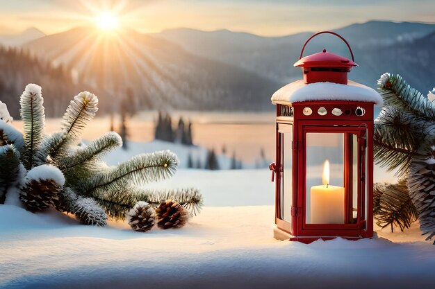 photo Lanterna di Natale con ramo di abete e decorazioni su sfondo sfocato tavolo innevato