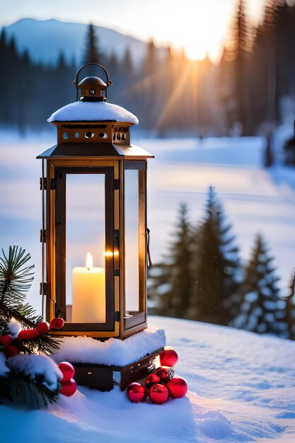 photo Lanterna di Natale con ramo di abete e decorazioni su sfondo sfocato tavolo innevato