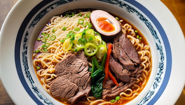 photo noodles di ramen appena cucinati con carne di manzo e verdure