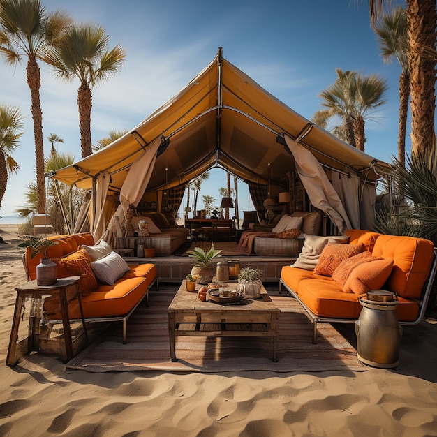 photo_of_desert_tent_palm_trees_vibrant_minimalist