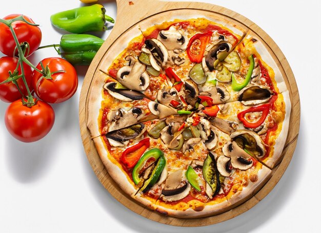 photo pizza vegetariana con zucchine, pomodori, peperoni e funghi isolati su sfondo bianco