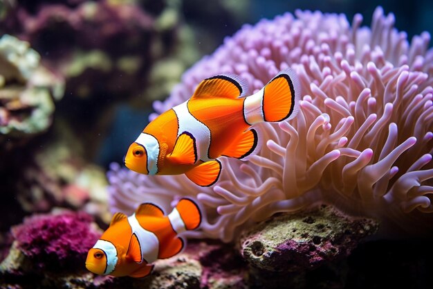 photo simpatico pesce anemone che gioca sulla barriera corallina bel colore clownfish su coralli Feefs