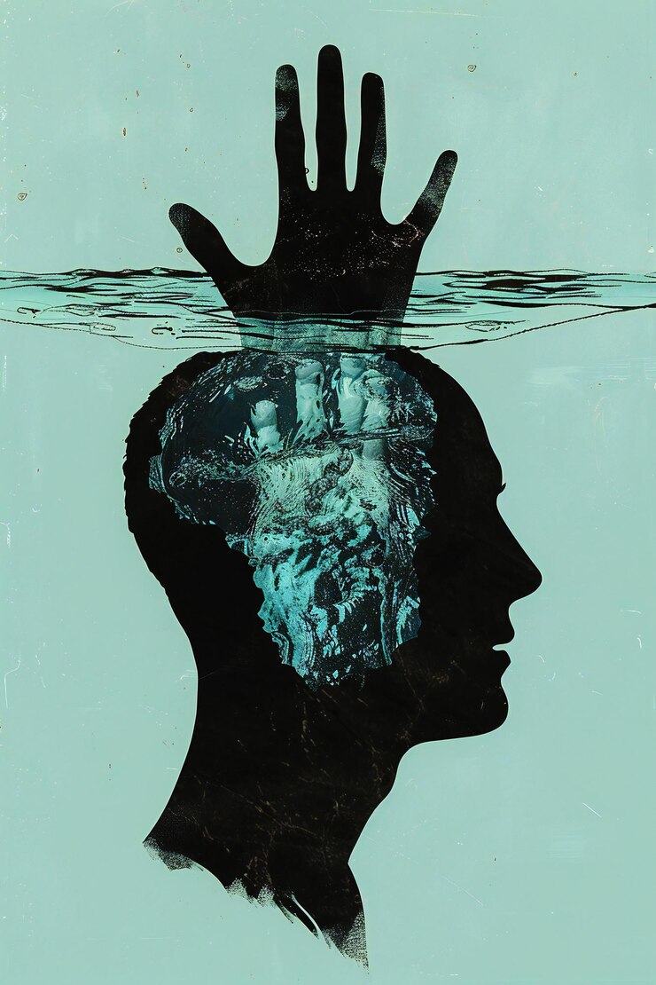 Photo photograph profile silhouette of a mans head filled with water hand raised above the surface mini