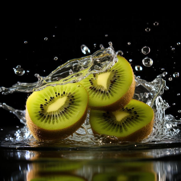 Piacere rinfrescante che spruzza gocce d'acqua su un Kiwi tagliato ai generativo