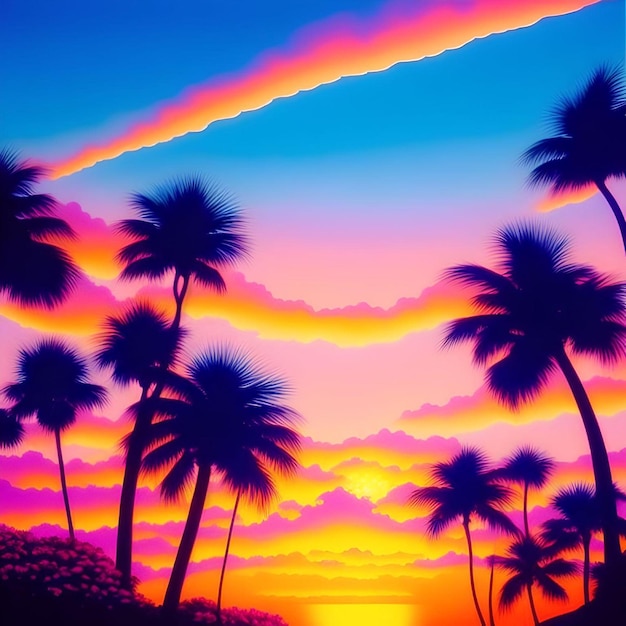 Piacevole paesaggio da spiaggia con palme e bella illustrazione del tramonto