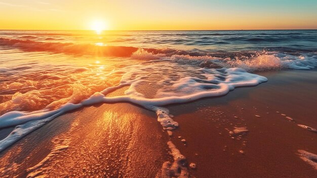 Piaggia di sabbia marina in primo piano Paesaggio panoramico della spiaggia Paesaggio marittimo della spiaggia tropicale Orizzonte arancione e dorato