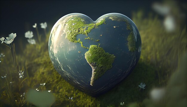 Pianeta a forma di cuore sul prato verde Concetto di giornata della Terra Ai immagine generata
