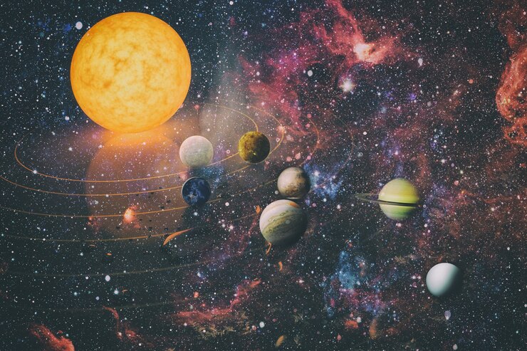 Pianeta, cometa, sole e stella del sistema solare. Sole, mercurio, Venere, pianeta terra, Marte, Giove, Saturno, Urano, Nettuno. Elementi di questa immagine forniti dalla NASA.