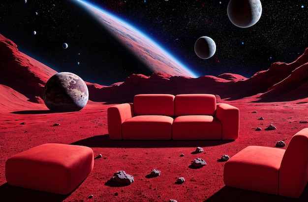 Pianeta rosso con un divano e un pianeta sullo sfondo