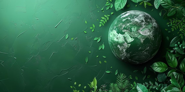 Pianeta Terra circondata da foglie verdi lussureggianti e gocce di pioggia Concetto di conservazione ambientale e naturale