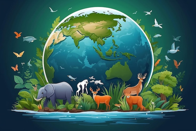 Pianeta terra con animali e piante per la biodiversità