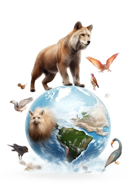 Pianeta terra con animali su sfondo bianco Giornata mondiale della vita selvaggia Ai generativa