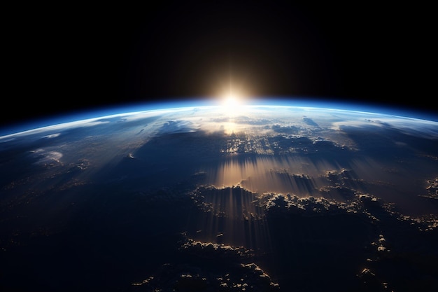 Pianeta terra con cambiamento dell'alba dal giorno alla notte dal pianeta spaziale IA generativa