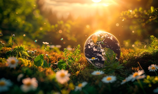 pianeta Terra con erba verde e fiori concetto di Giornata della Terra