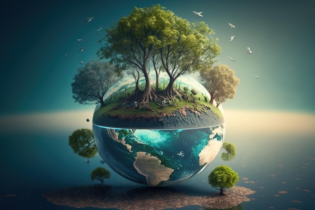 Pianeta Terra in miniatura con alberi fauna Concetto per la Giornata della Terra AI generato
