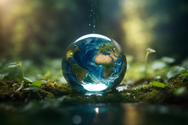 Pianeta terra in una palla di vetro su uno sfondo di muschio concetto di conservazione dell'ambiente