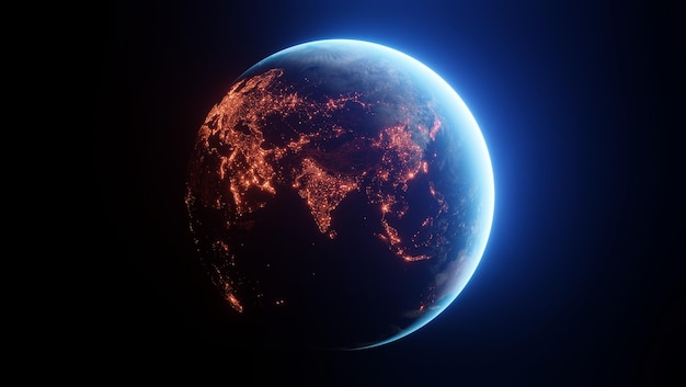 Pianeta Terra realistico visto dallo spazio di notte che mostra le luci dei paesi asiatici e indiani rendering 3d cinematografico del pianeta TerraConsumo di energia elettrica industria ecologia concetti