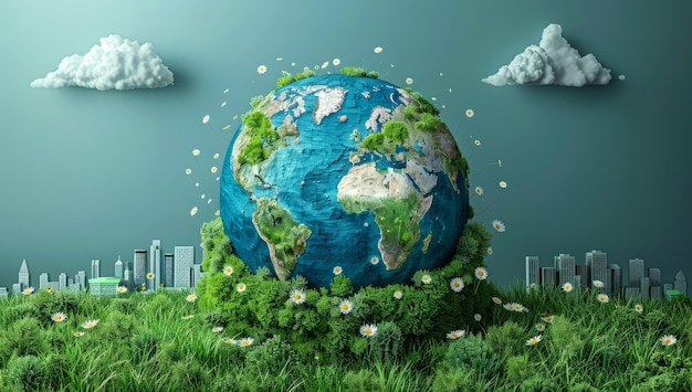 Pianeta Terra sana con erba verde paesaggio urbano silhouette nuvole e semi volanti concetto di protezione ambientale e sostenibilità