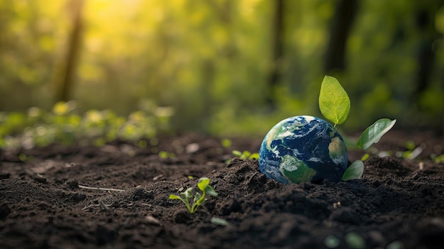 Pianeta terra sul suolo in foresta con piante AI