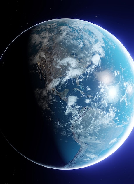Pianeta Terra visto dallo spazio che mostra america3drendering del pianeta Terra con rilievi dettagliati e atmosferaelementi di questa immagine fornita dalla NASAPanoramica globaleSensazione cinematografica con bagliore