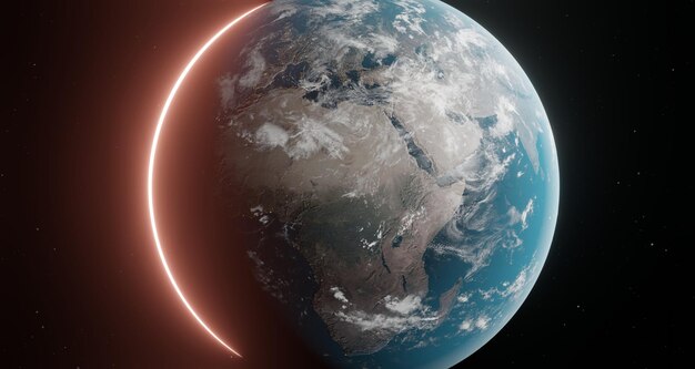 Pianeta Terra visto dallo spazio che mostra l'Africa3drendering del pianeta Terra con rilievi dettagliati e atmosferaelementi di questa immagine forniti dalla NASAPanoramica globaleSensazione cinematografica con bagliore