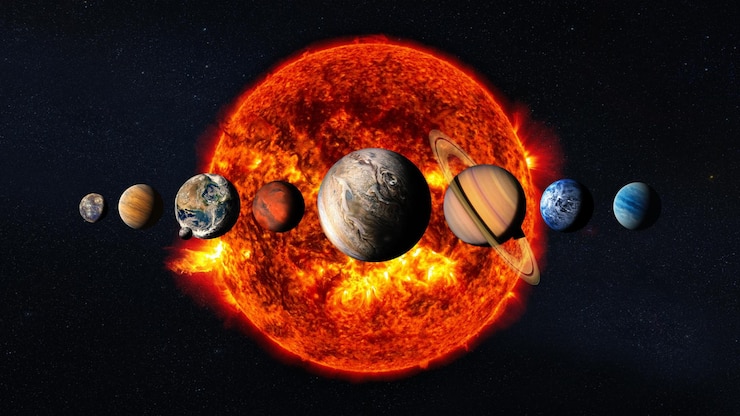 Foto pianeti del sistema solare con sole e stelle elementi di questa immagine fornita dalla nasa