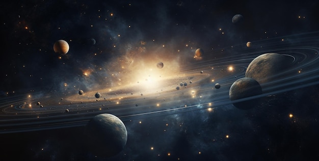 pianeti e stelle nello stile di una composizione densasfondo scuro