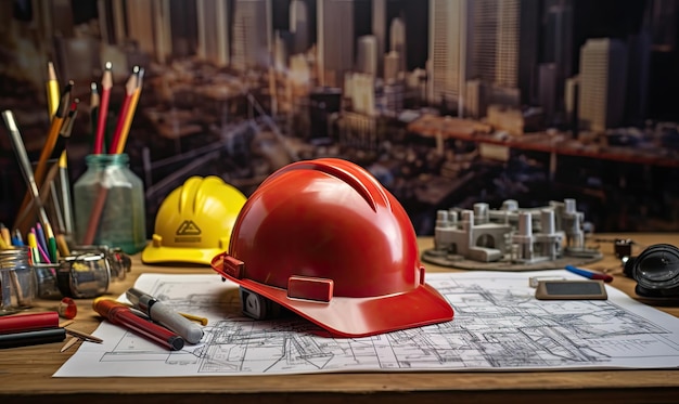 Piani di costruzione degli edifici e casco di sicurezza
