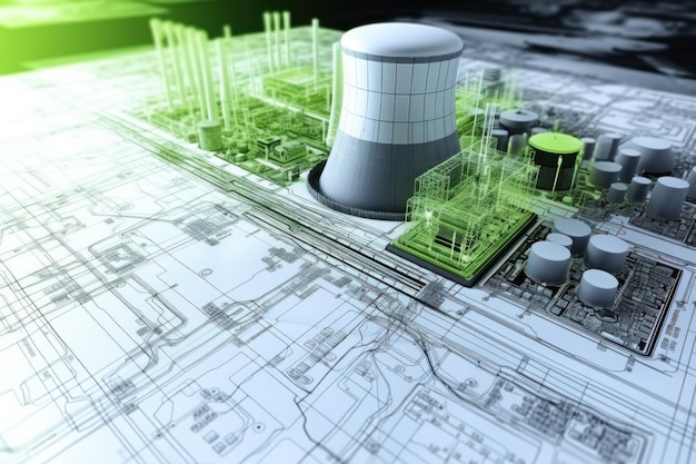 Piani di progettazione della centrale nucleare e modello 3D