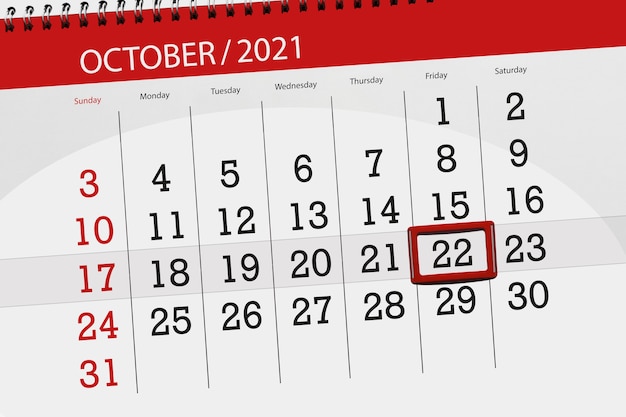 Pianificatore del calendario per il mese di ottobre 2021, giorno di scadenza, 22, venerdì.