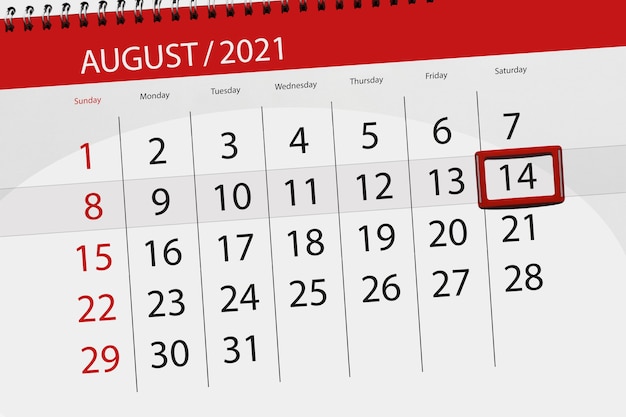 Pianificatore di calendario per il mese di agosto 2021, giorno di scadenza, 14, sabato.