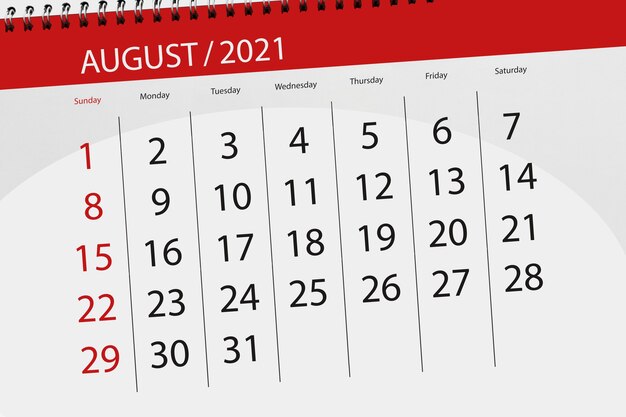 Pianificatore di calendario per il mese di agosto 2021, giorno di scadenza.