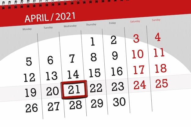 Pianificatore di calendario per il mese di aprile 2021, giorno di scadenza, 21, mercoledì.