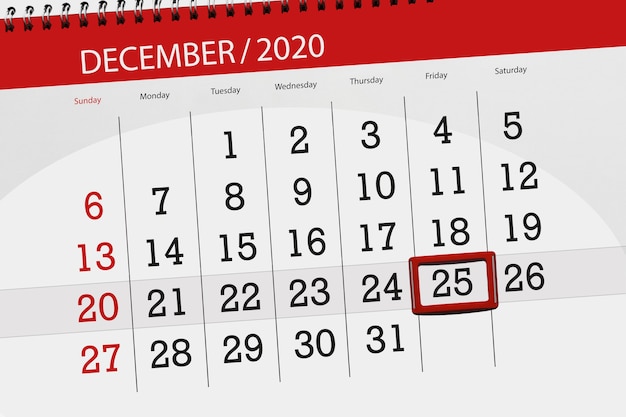 Pianificatore di calendario per il mese di dicembre 2020, giorno di scadenza, 25, venerdì.