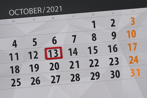 Pianificatore di calendario per il mese di ottobre 2021, giorno di scadenza, 13, mercoledì.