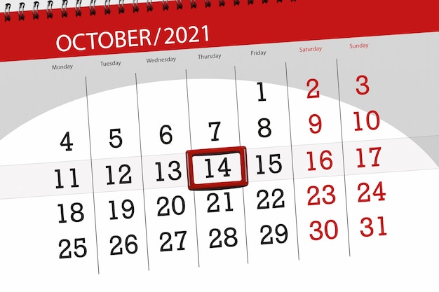 Pianificatore di calendario per il mese di ottobre 2021, giorno di scadenza, 14, giovedì.