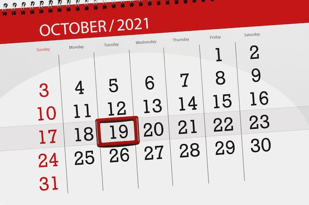 Pianificatore di calendario per il mese di ottobre 2021, giorno di scadenza, 19, martedì.