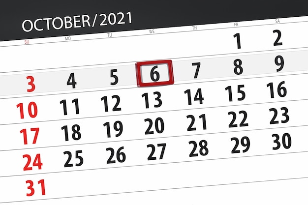 Pianificatore di calendario per il mese di ottobre 2021, giorno di scadenza, 6, mercoledì.