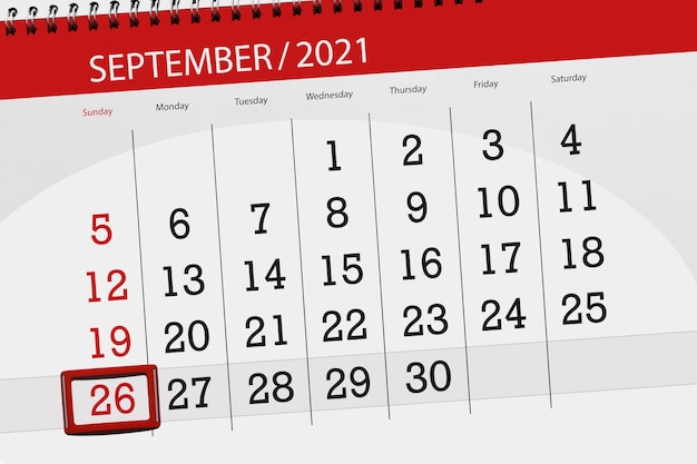 Pianificatore di calendario per il mese di settembre 2021, giorno di scadenza, 26, domenica.