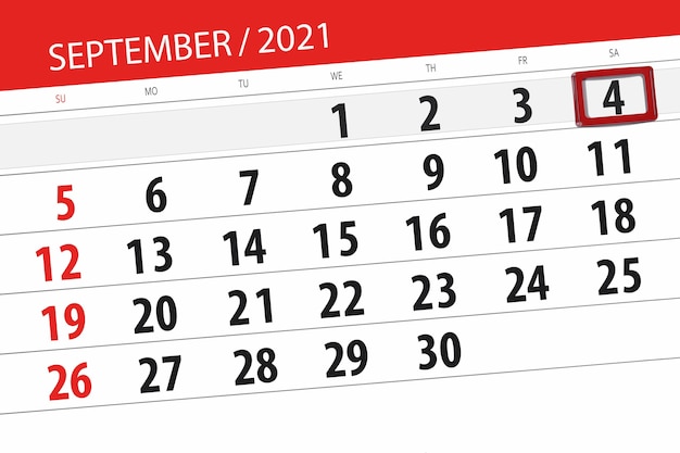 Pianificatore di calendario per il mese di settembre 2021, giorno di scadenza, 4, sabato.