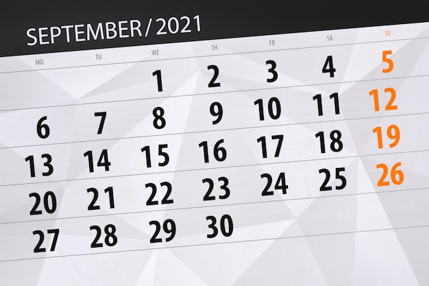 Pianificatore di calendario per il mese di settembre 2021, giorno di scadenza.