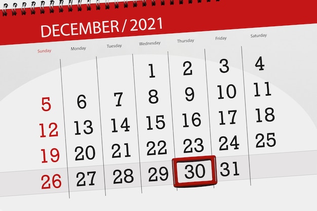 Pianificatore di calendario per il mese dicembre 2021, giorno di scadenza, 30, giovedì.