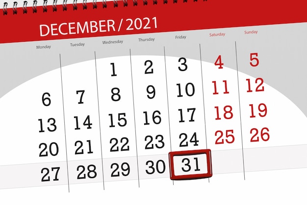 Pianificatore di calendario per il mese dicembre 2021, giorno di scadenza, 31, venerdì.